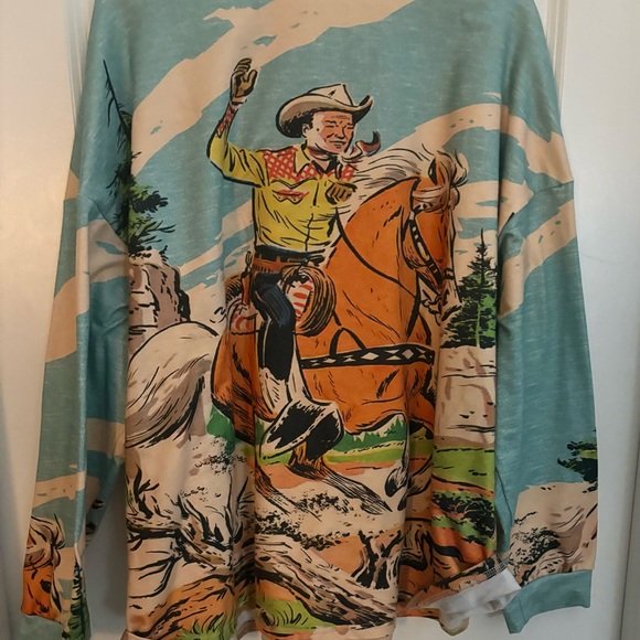 Vintage InspiredWestern Roy Roger’s Cowboy Graphic Pullover in Teal & Orange 2X - Picture 5 of 5